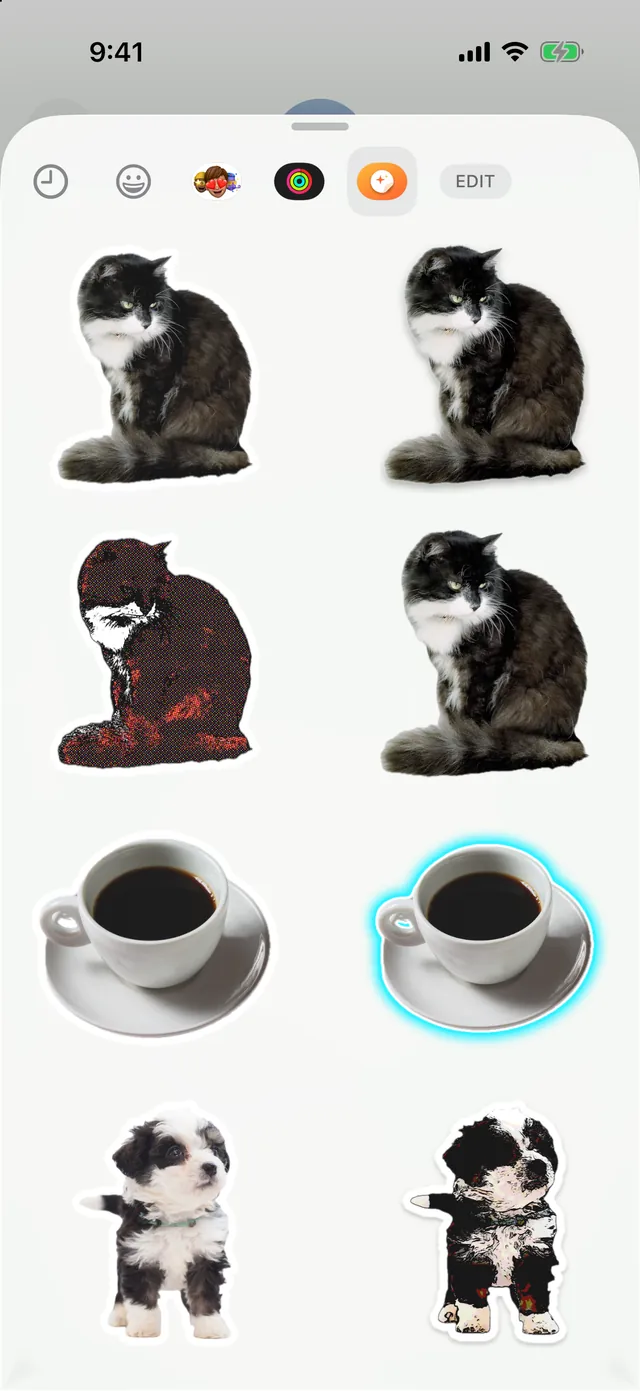 The iPhone sticker drawer pulled up in Messages with Stickify selected, showing cat, coffee and puppy stickers.