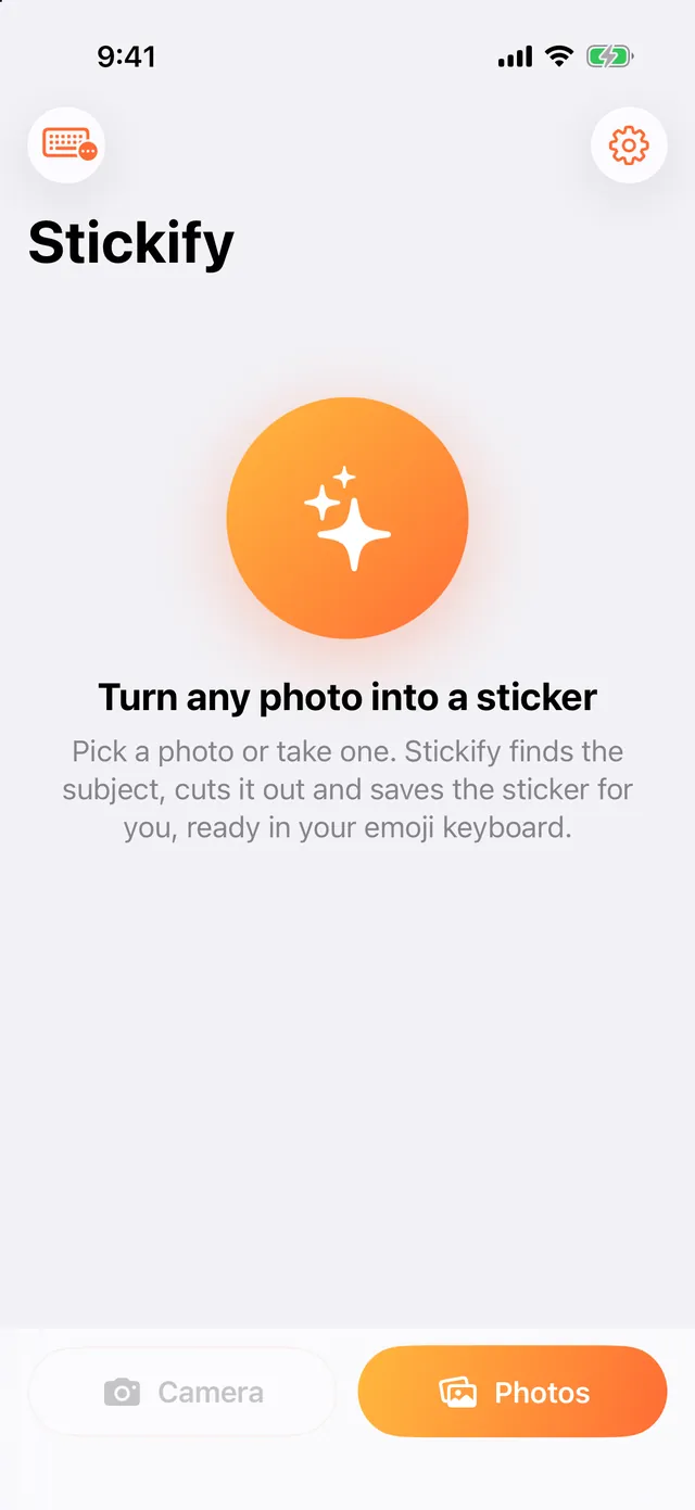 Stickify&rsquo;s home screen before any stickers are made, reading &ldquo;Turn any photo into a sticker&rdquo;, with Camera and Photos buttons at the bottom.
