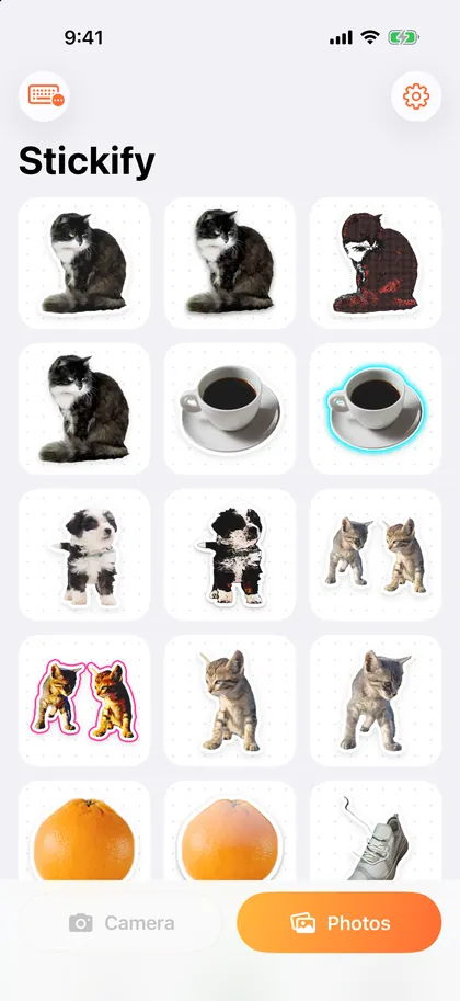 The sticker library with 18 stickers from 7 photos.