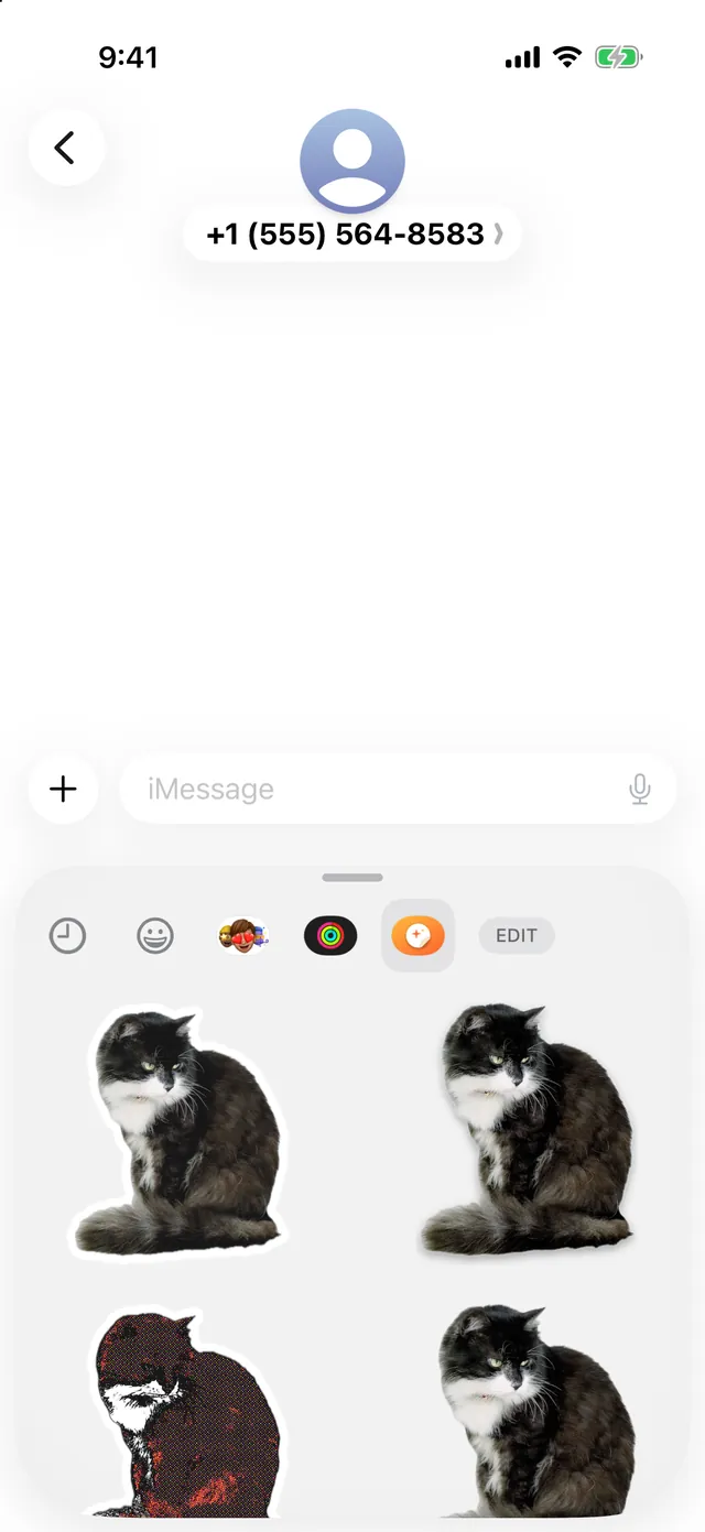 A Messages conversation with the sticker drawer open on Stickify, showing four cat stickers.