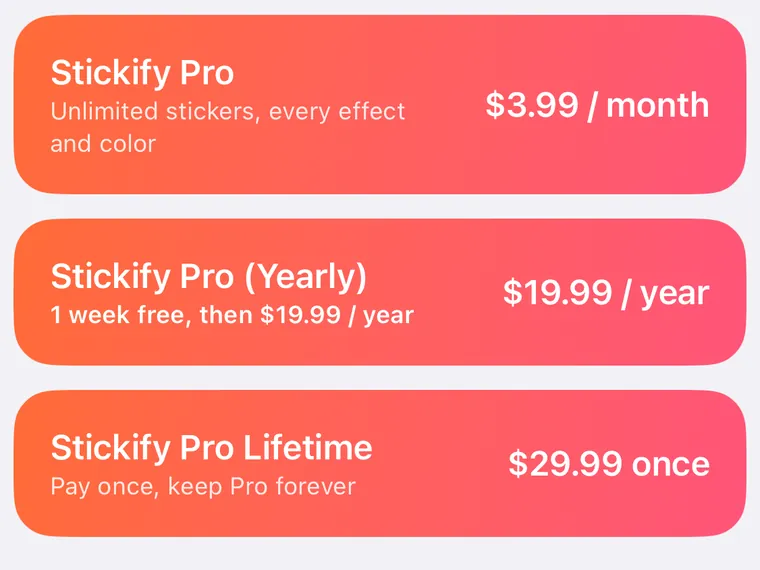 The three Stickify Pro plans as the app shows them: Stickify Pro, $3.99 a month; Stickify Pro (Yearly), 1 week free, then $19.99 a year; Stickify Pro Lifetime, $29.99 once.